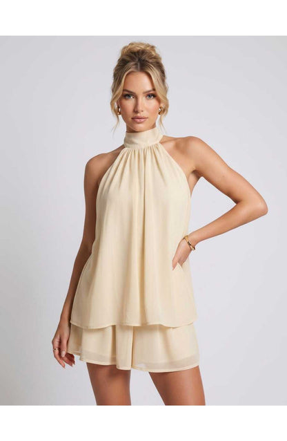 ZomerFlair Mini Jurk met Halterneck en Gelaagde Rok