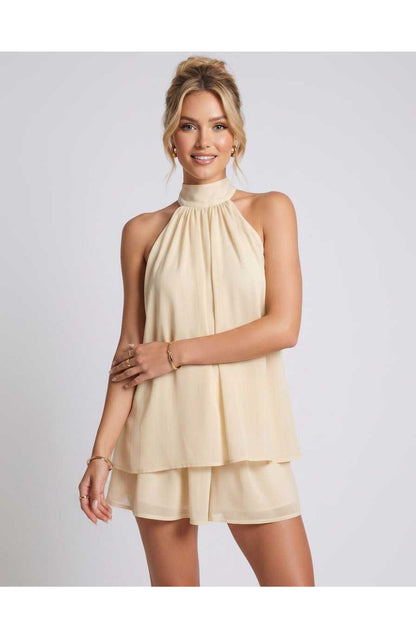ZomerFlair Mini Jurk met Halterneck en Gelaagde Rok