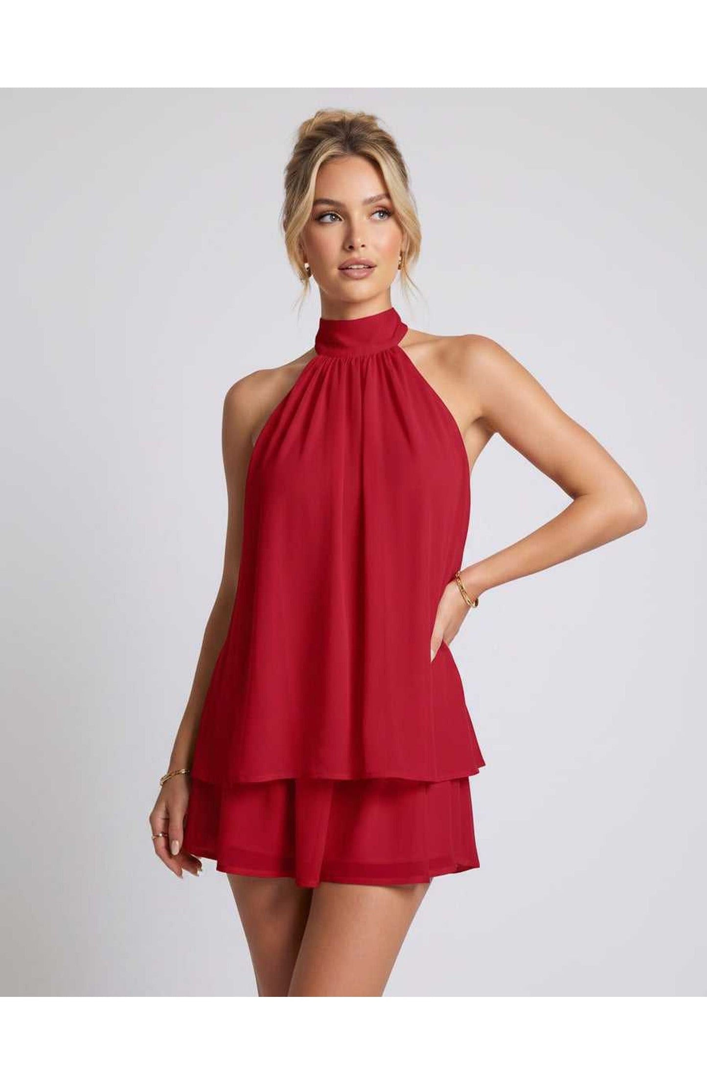 ZomerFlair Mini Jurk met Halterneck en Gelaagde Rok