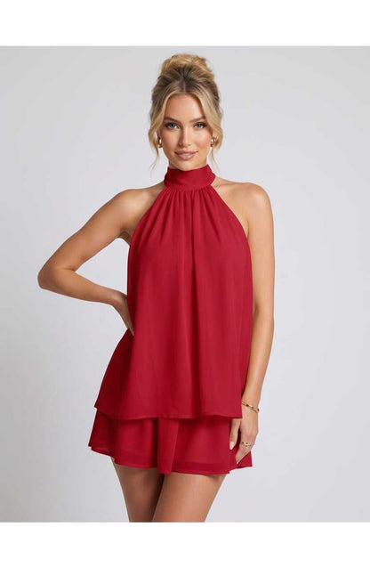ZomerFlair Mini Jurk met Halterneck en Gelaagde Rok