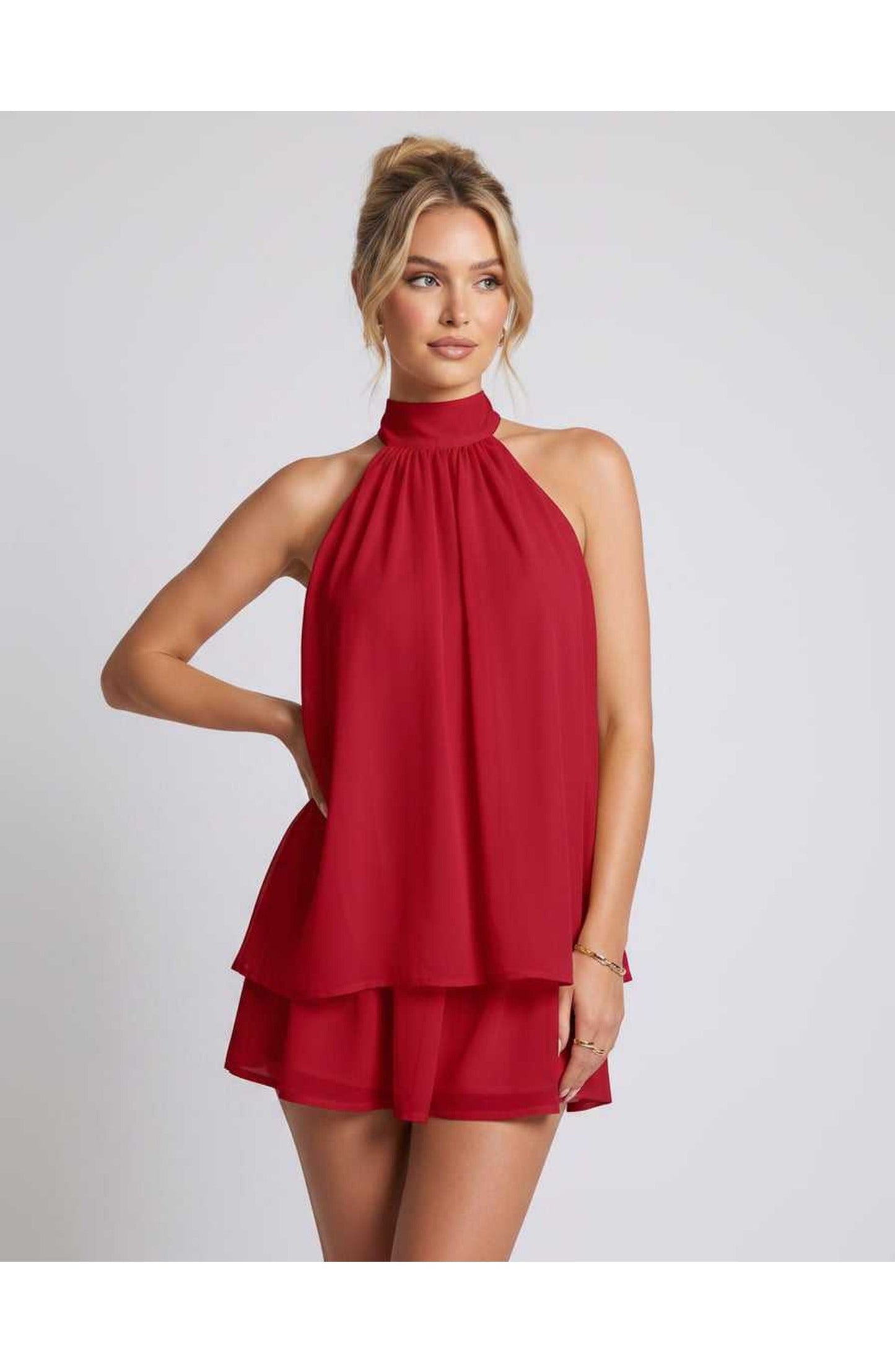 ZomerFlair Mini Jurk met Halterneck en Gelaagde Rok