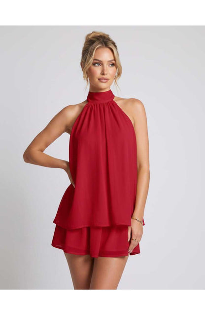 ZomerFlair Mini Jurk met Halterneck en Gelaagde Rok