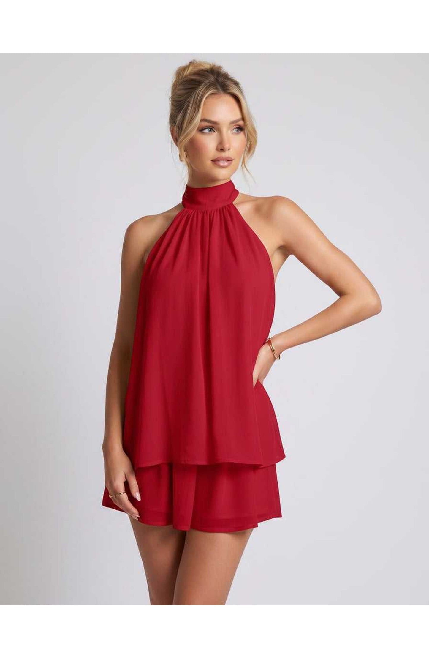 ZomerFlair Mini Jurk met Halterneck en Gelaagde Rok