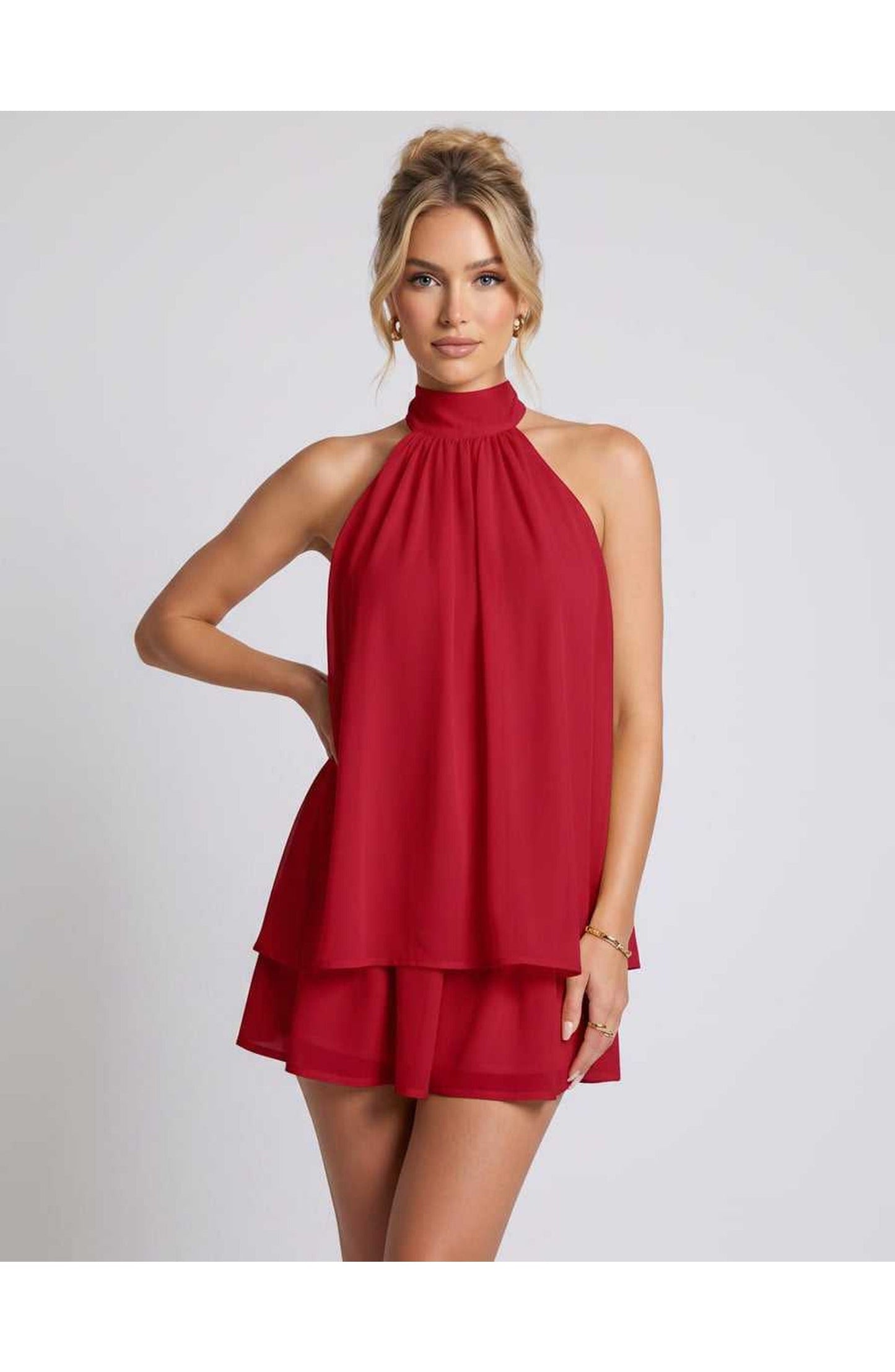 ZomerFlair Mini Jurk met Halterneck en Gelaagde Rok