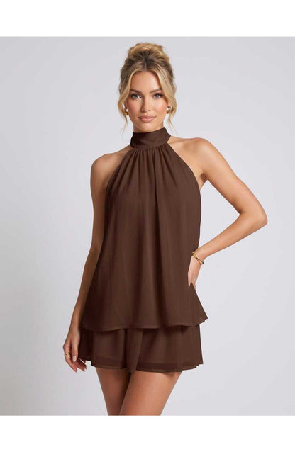 ZomerFlair Mini Jurk met Halterneck en Gelaagde Rok