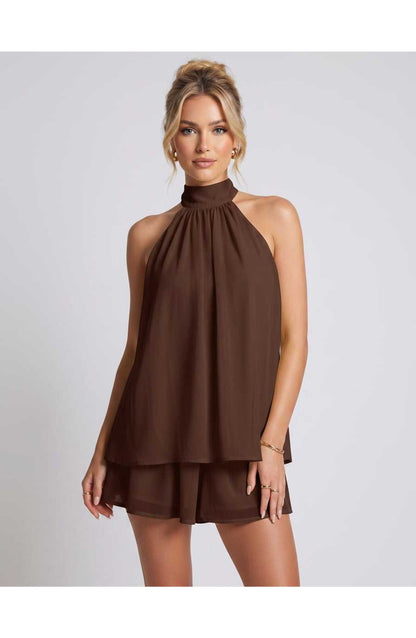 ZomerFlair Mini Jurk met Halterneck en Gelaagde Rok