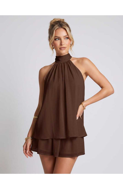 ZomerFlair Mini Jurk met Halterneck en Gelaagde Rok