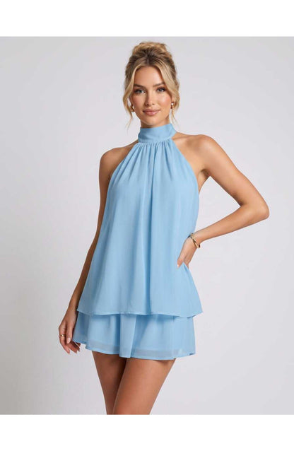 ZomerFlair Mini Jurk met Halterneck en Gelaagde Rok