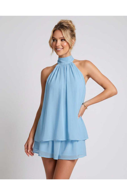 ZomerFlair Mini Jurk met Halterneck en Gelaagde Rok