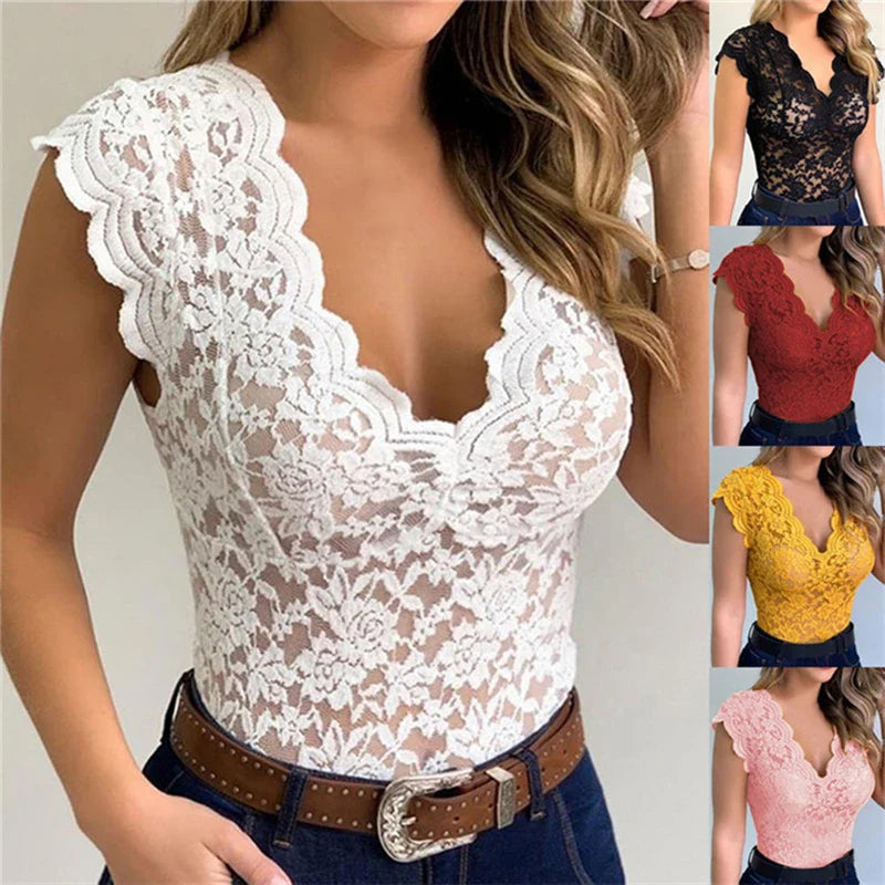 Gele Kanten Top voor Dames – Zomerse Kanten Blouse voor een Vrouwelijke en Elegante Look