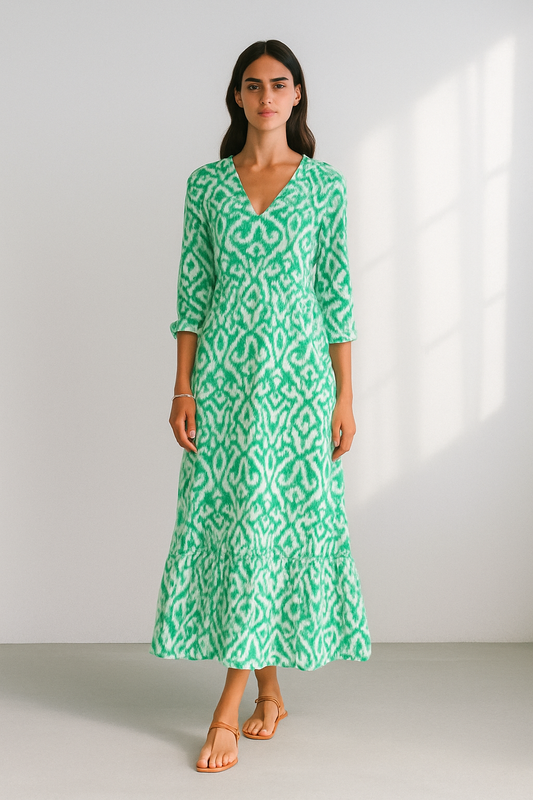 BreezeLuxe Flowy Zomerjurk met V-Hals en Opgerolde Mouwen