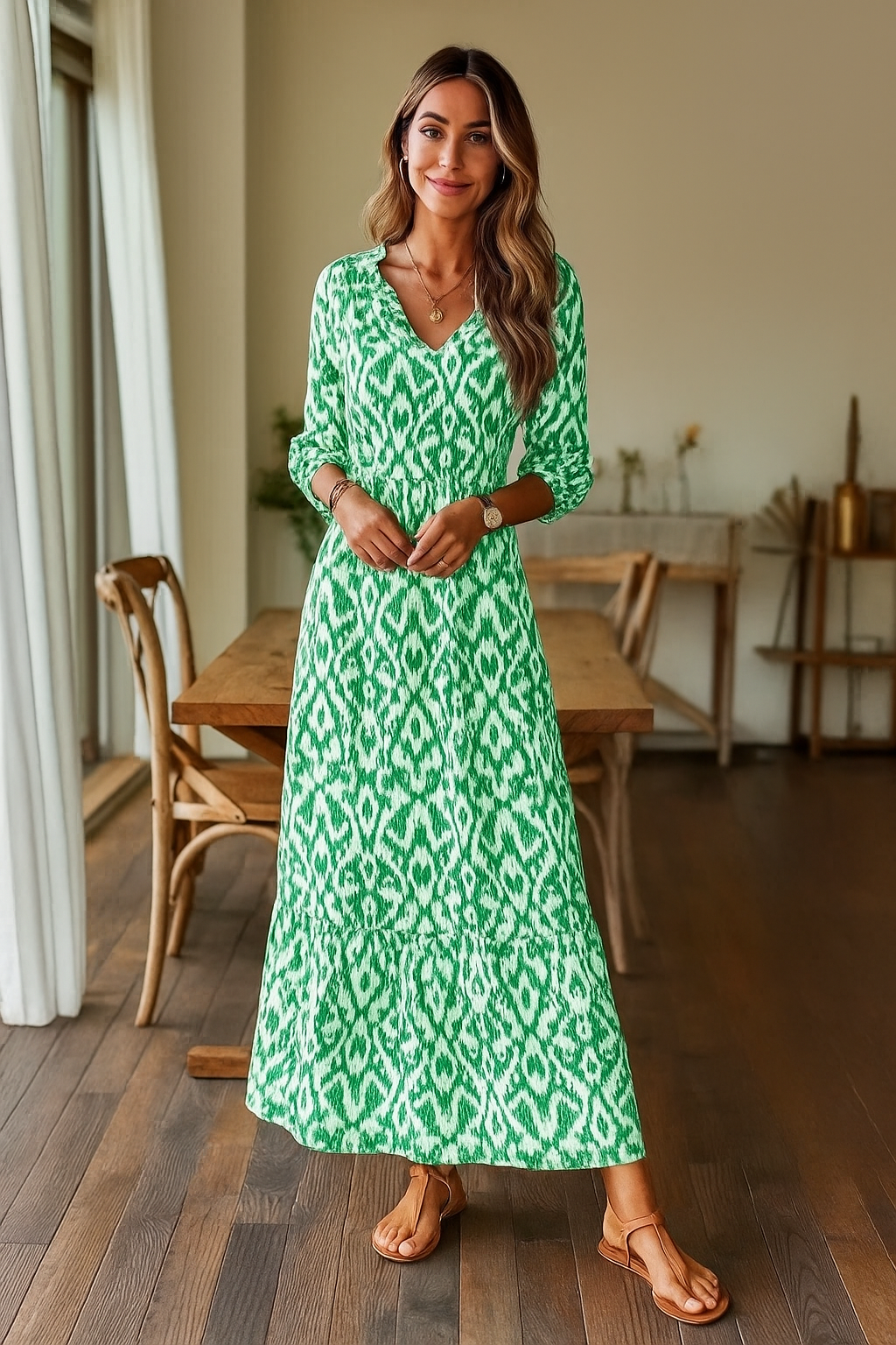 BreezeLuxe Flowy Zomerjurk met V-Hals en Opgerolde Mouwen