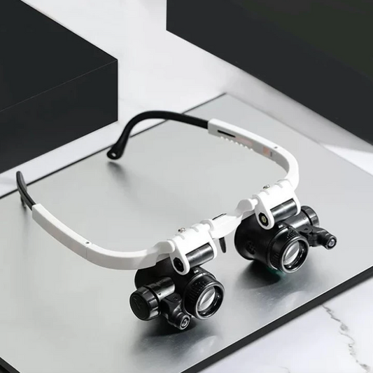 HD-Loupe met LED – voor gedetailleerd werk – met verwisselbare objectieftubes – verstelbare hoofdband – vergroting 8x, 15x, 23x – wandklok