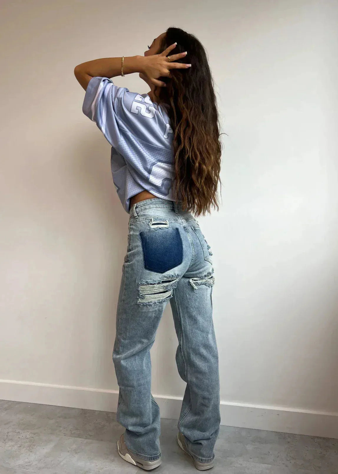 Dames High Waist Straight Denim Jeans met Gescheurde Details