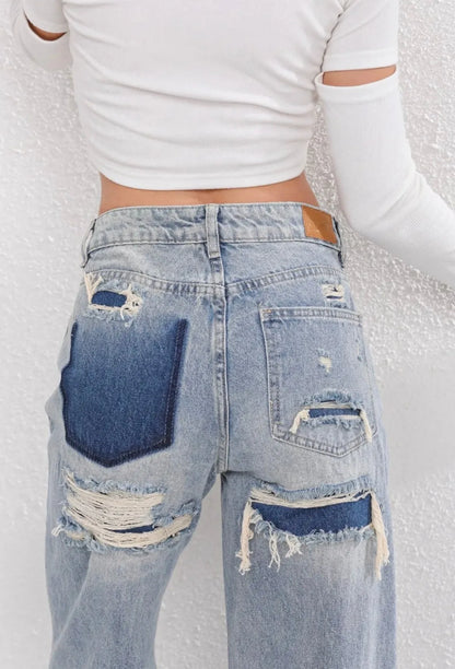 Dames High Waist Straight Denim Jeans met Gescheurde Details