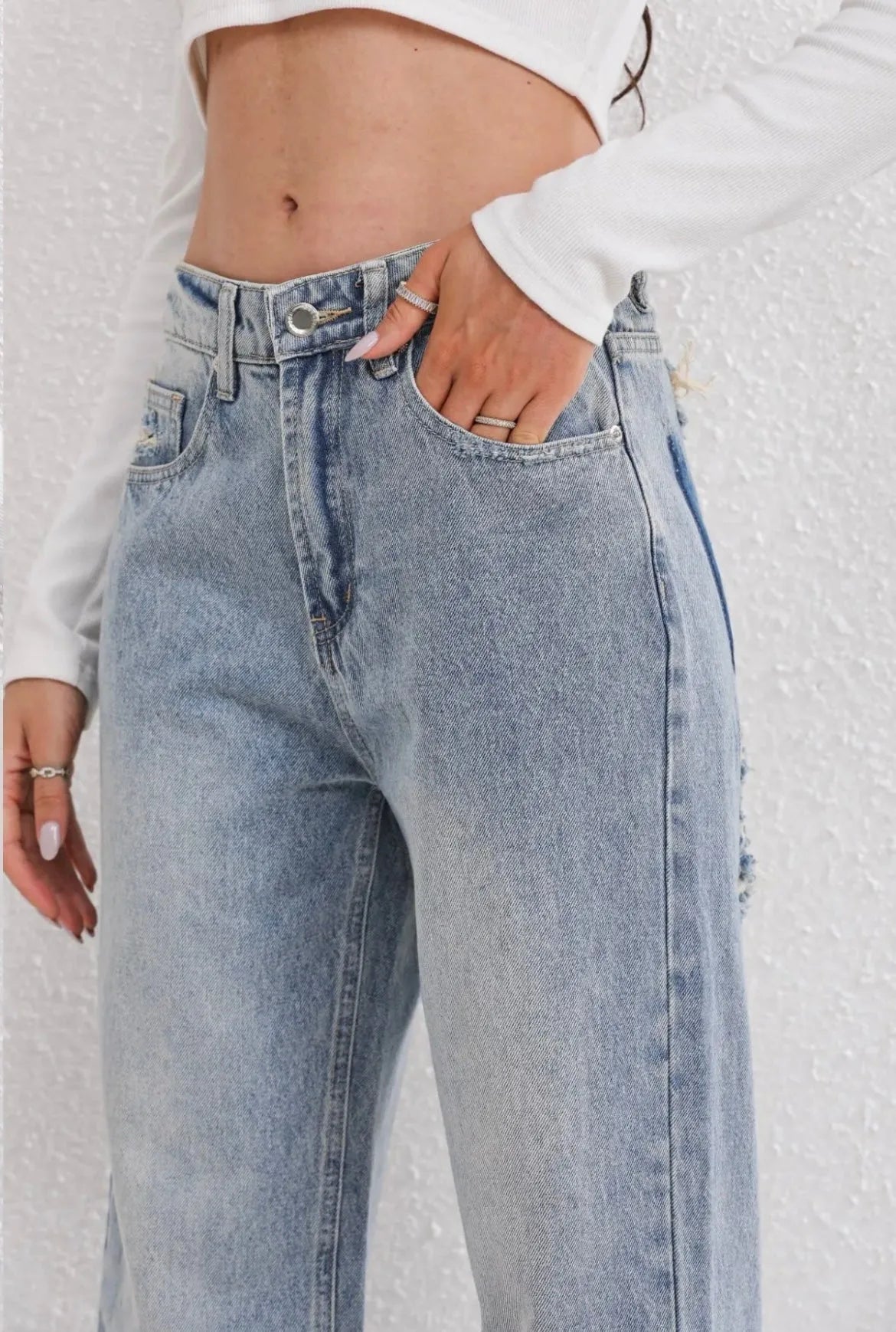 Dames High Waist Straight Denim Jeans met Gescheurde Details