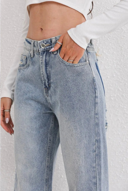 Dames High Waist Straight Denim Jeans met Gescheurde Details