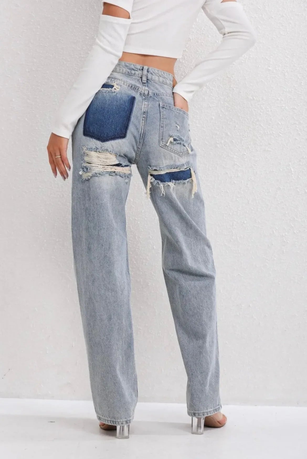 Dames High Waist Straight Denim Jeans met Gescheurde Details