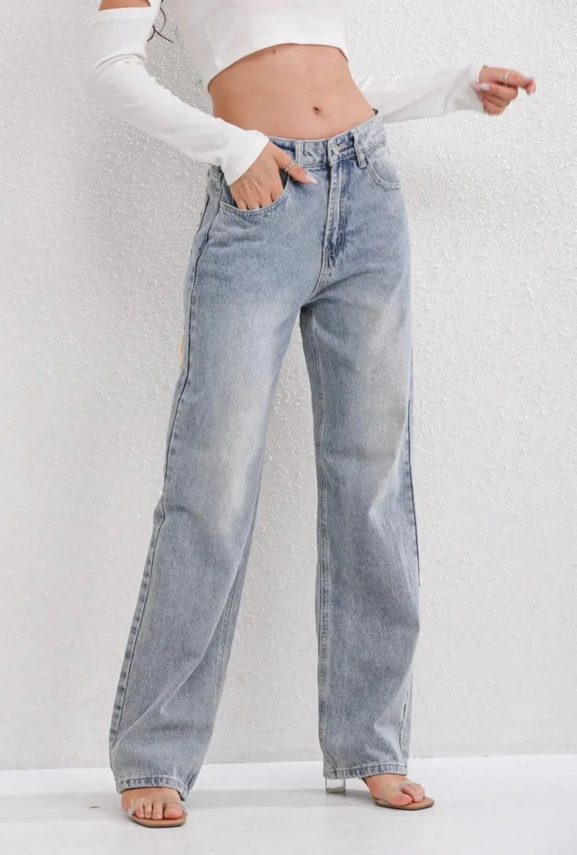 Dames High Waist Straight Denim Jeans met Gescheurde Details