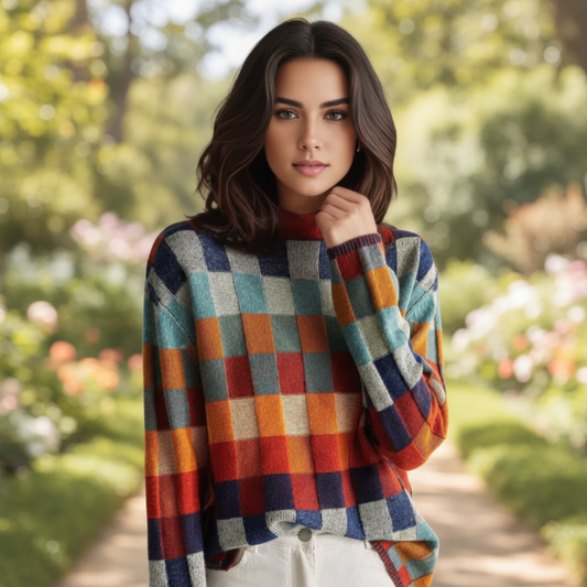 CashLoom Kasjmier Trui – Patchwork Damestrui met Rolkraag en Duurzaam Design