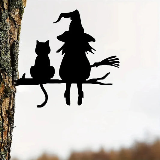 HeksenKat Tuinbeeld – Metalen Heks & Kat Silhouet voor Buiten
