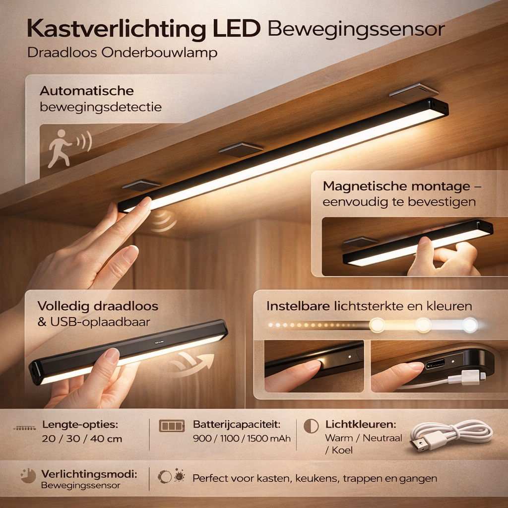 LichtSense Draadloze Kastverlichting Met Bewegingssensor en USB Opladen