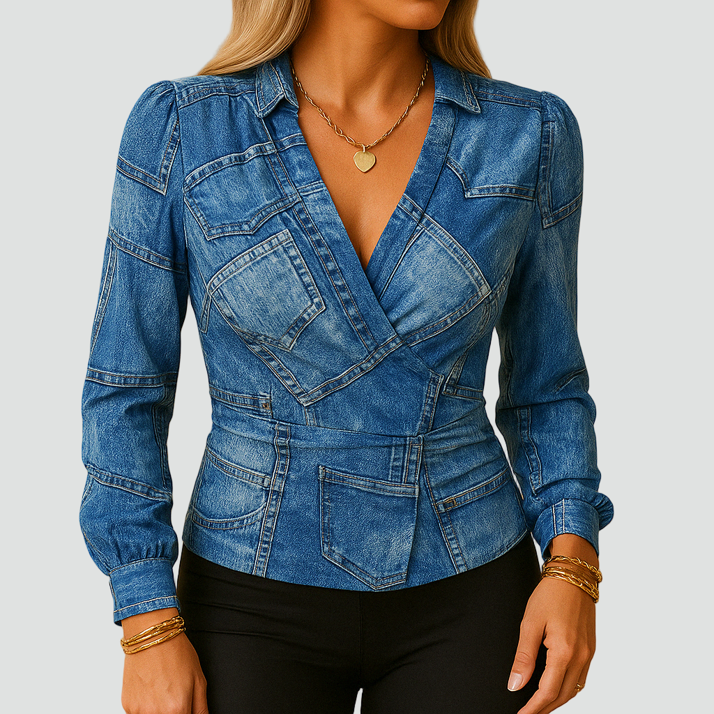 Verfijnde V-hals Blouse met Geplooide Taille en Lange Mouwen
