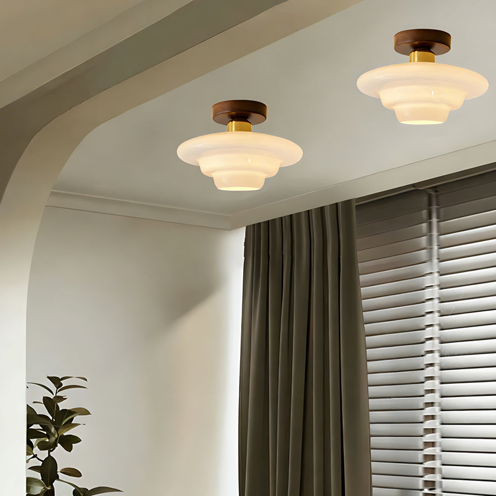 Scandinavische Walnoot Plafondlamp met Koperdetails – E27 LED – 28-32 cm