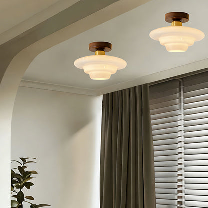 Scandinavische Walnoot Plafondlamp met Koperdetails – E27 LED – 28-32 cm