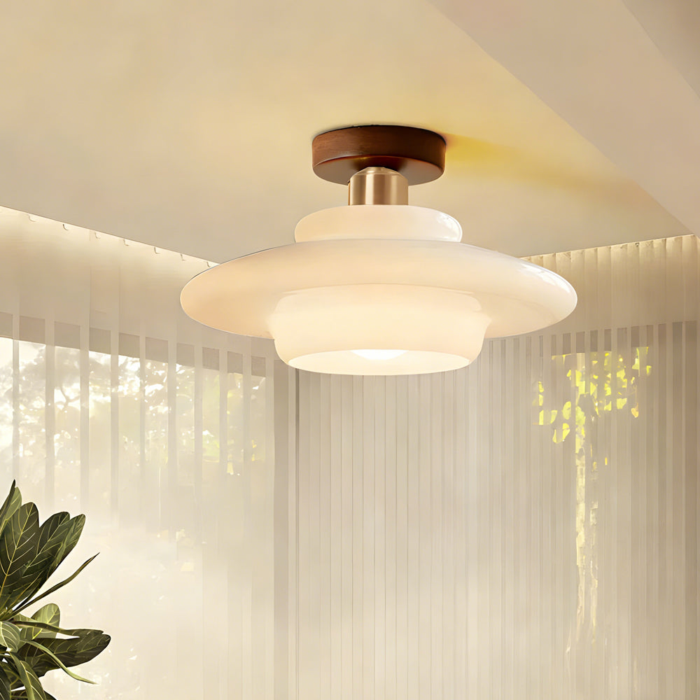 Scandinavische Walnoot Plafondlamp met Koperdetails – E27 LED – 28-32 cm