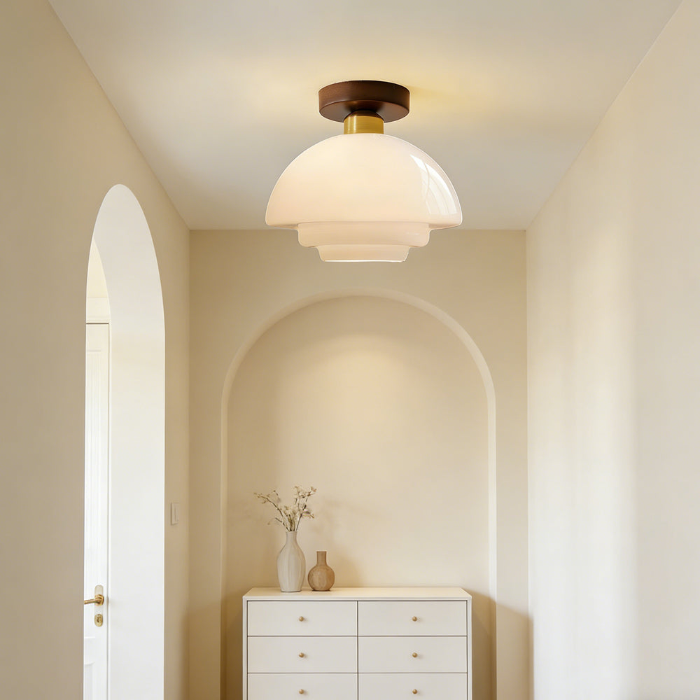 Scandinavische Walnoot Plafondlamp met Koperdetails – E27 LED – 28-32 cm