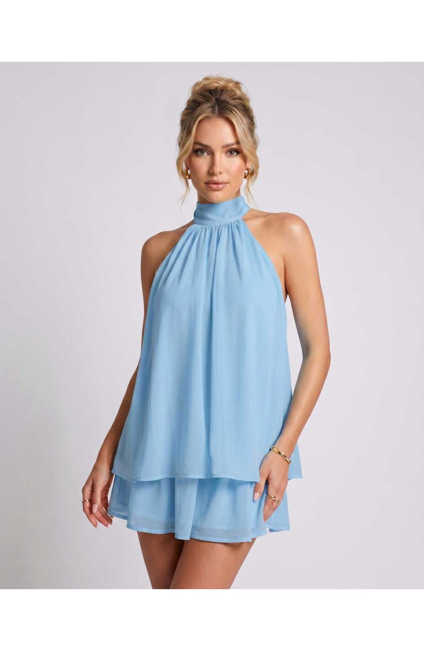 ZomerFlair Mini Jurk met Halterneck en Gelaagde Rok