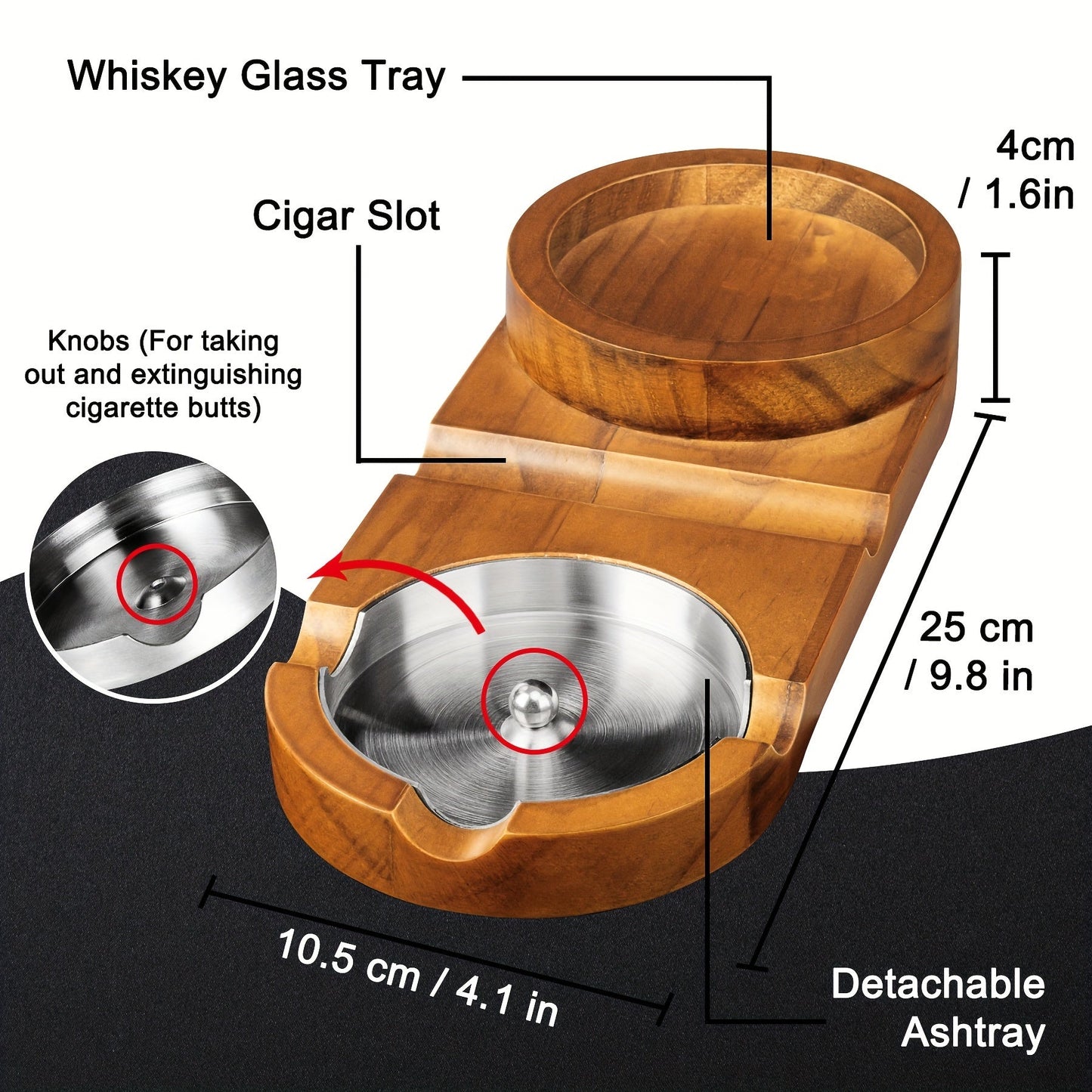 CigarOak Asbak met Whiskeyhouder – Luxe Houten Tray voor Sigarenliefhebbers