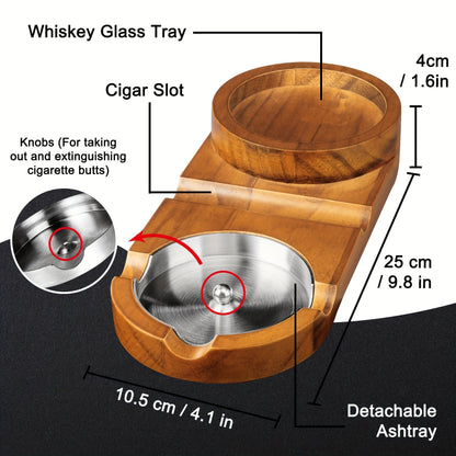 CigarOak Asbak met Whiskeyhouder – Luxe Houten Tray voor Sigarenliefhebbers