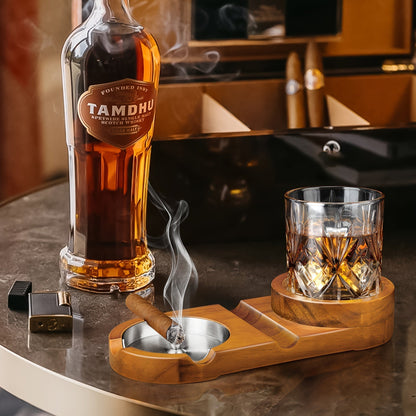 CigarOak Asbak met Whiskeyhouder – Luxe Houten Tray voor Sigarenliefhebbers