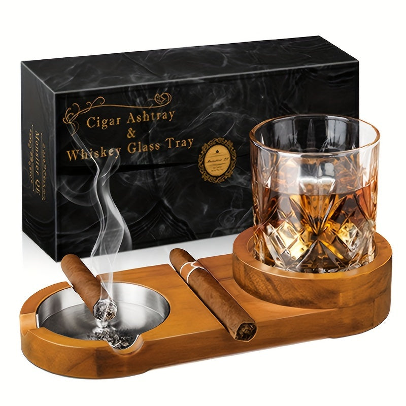 CigarOak Asbak met Whiskeyhouder – Luxe Houten Tray voor Sigarenliefhebbers