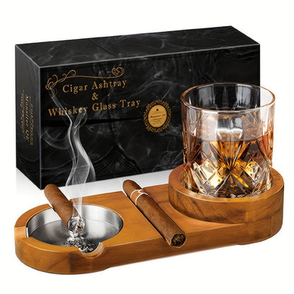 CigarOak Asbak met Whiskeyhouder – Luxe Houten Tray voor Sigarenliefhebbers