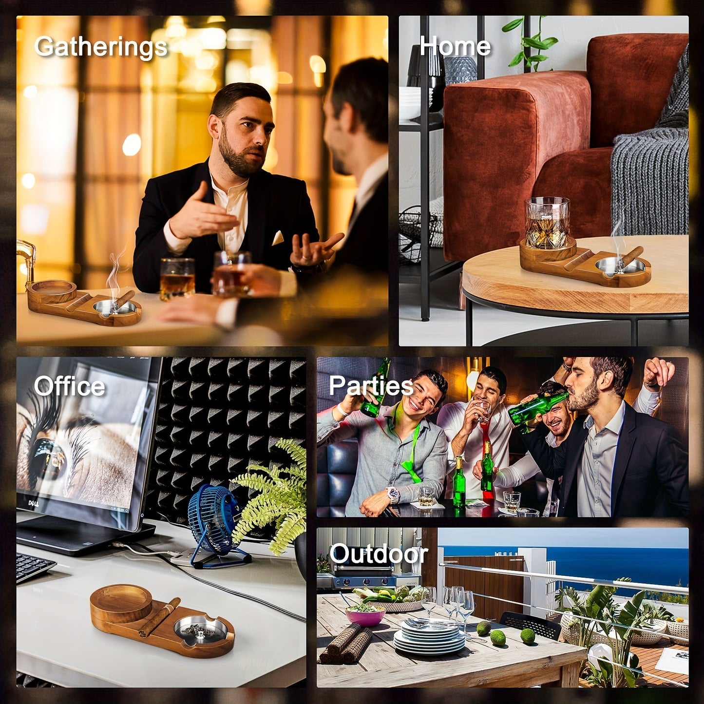 CigarOak Asbak met Whiskeyhouder – Luxe Houten Tray voor Sigarenliefhebbers