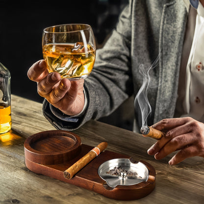 CigarOak Asbak met Whiskeyhouder – Luxe Houten Tray voor Sigarenliefhebbers
