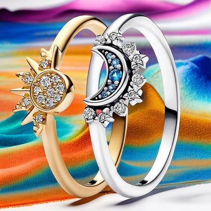 Lunara ZonneMaan Ringenset – 925 Zilver en Kristal met Hemels Design voor Vrouwen