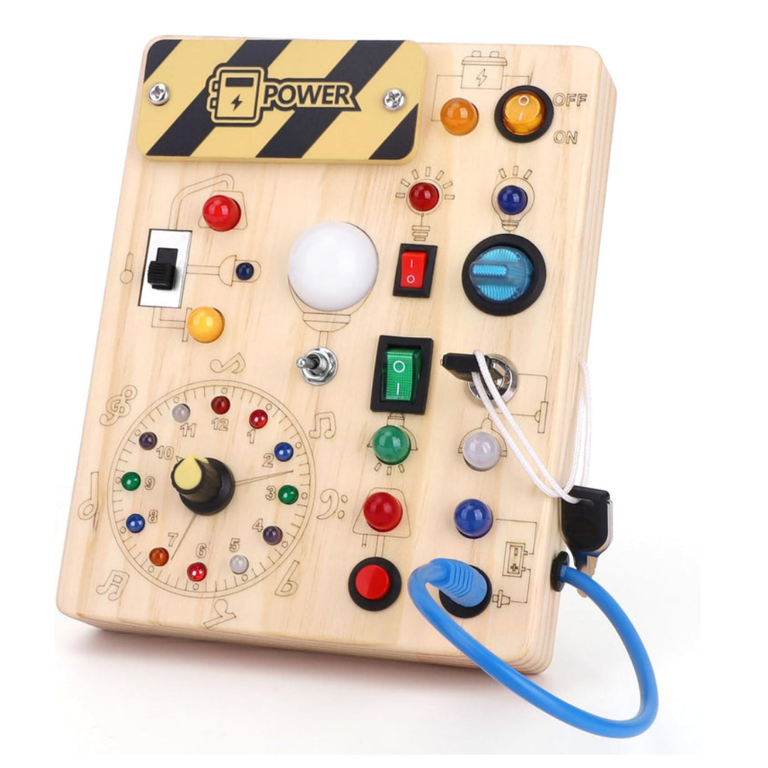 Montessori Houten Activiteitenbord met 8 LED-schakelaars - Zintuiglijke Speelgoed en Reis Speelgoed voor Baby's en Peuters vanaf 1+ Jaar