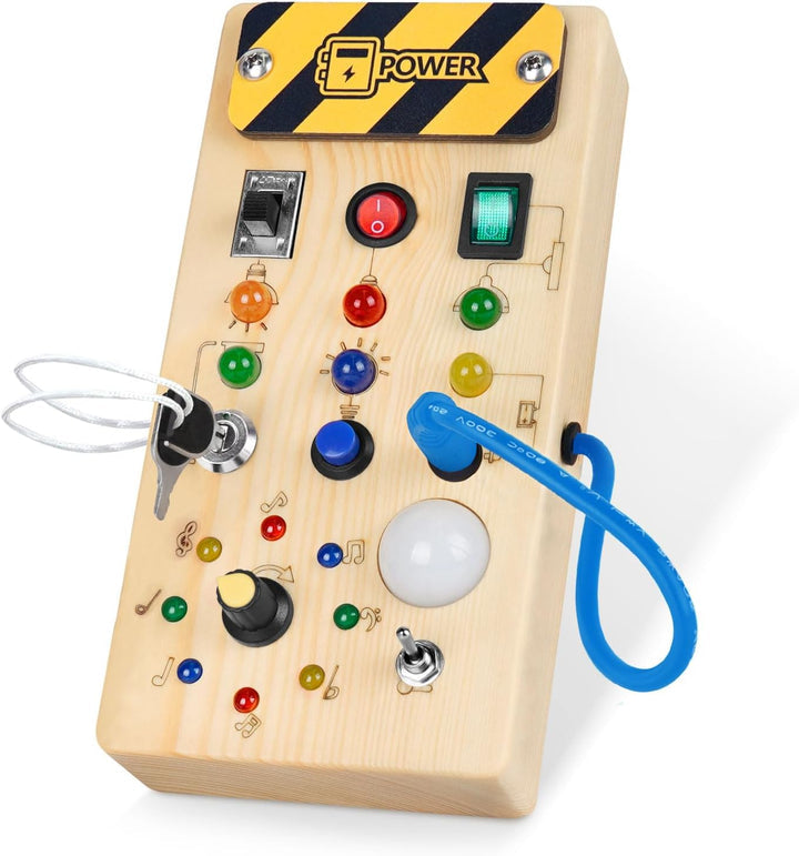 Montessori Houten Activiteitenbord met 8 LED-schakelaars - Zintuiglijke Speelgoed en Reis Speelgoed voor Baby's en Peuters vanaf 1+ Jaar