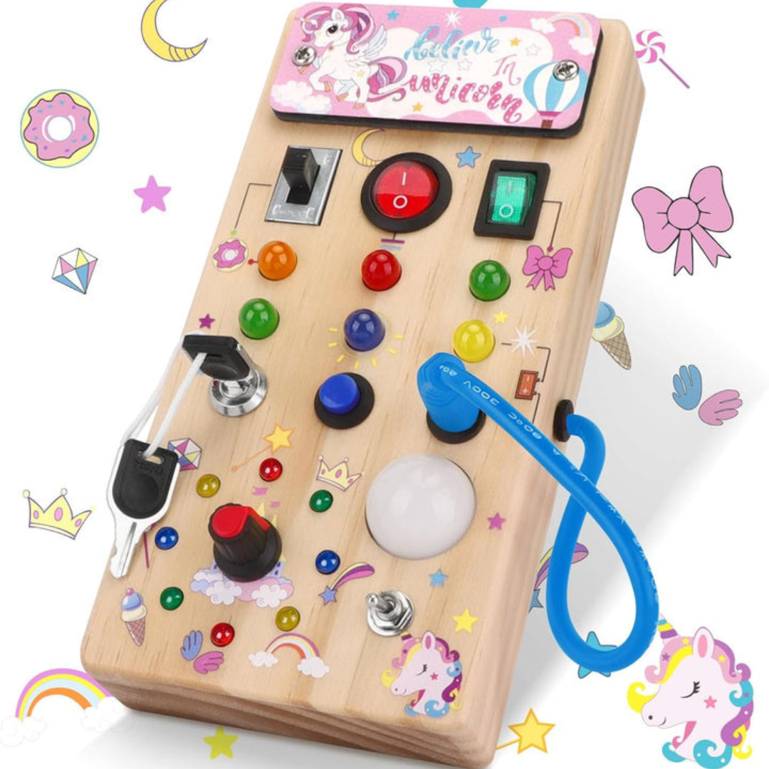 Montessori Houten Activiteitenbord met 8 LED-schakelaars - Zintuiglijke Speelgoed en Reis Speelgoed voor Baby's en Peuters vanaf 1+ Jaar