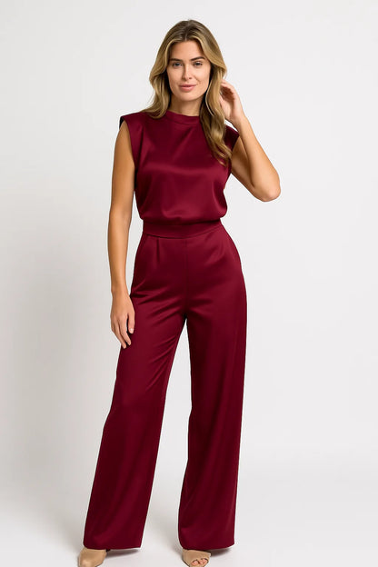 Dames Satijnlook Mouwloze Jumpsuit met Wijde Pijpen