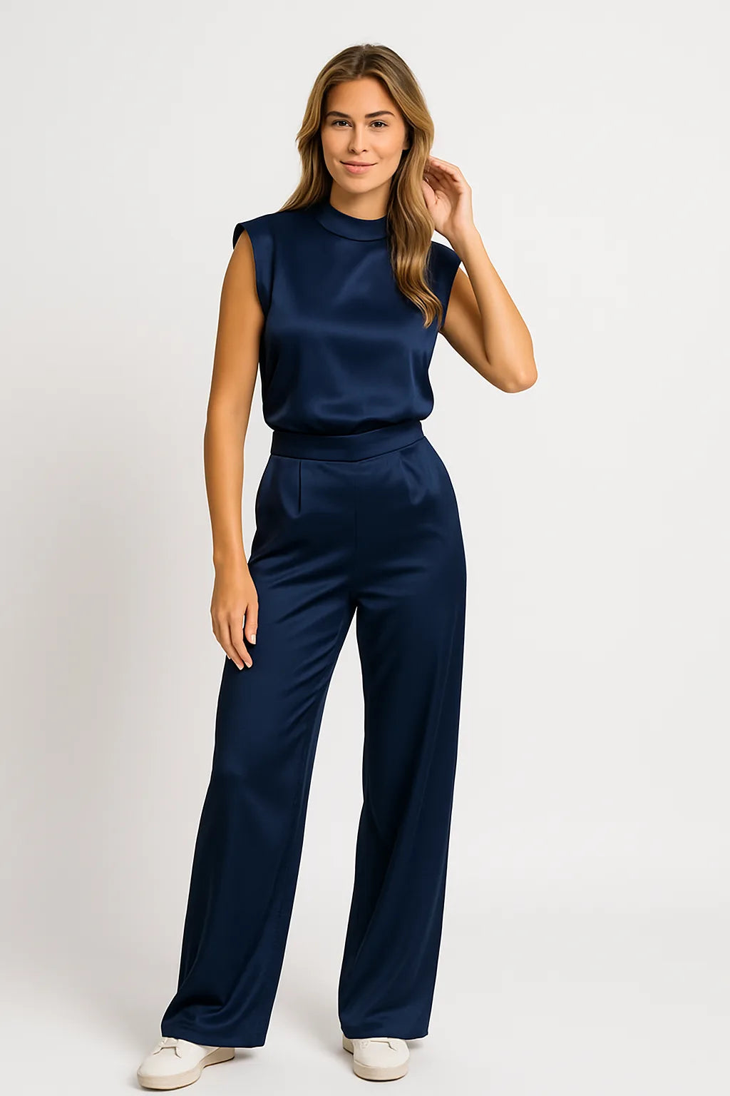 Dames Satijnlook Mouwloze Jumpsuit met Wijde Pijpen