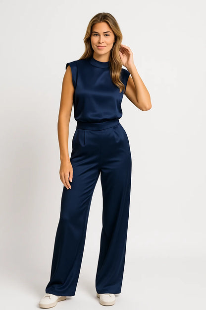 Dames Satijnlook Mouwloze Jumpsuit met Wijde Pijpen