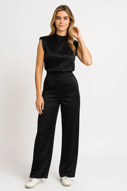 Dames Satijnlook Mouwloze Jumpsuit met Wijde Pijpen