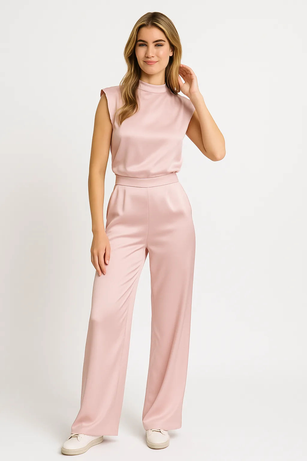 Dames Satijnlook Mouwloze Jumpsuit met Wijde Pijpen