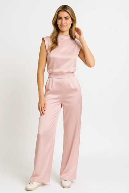 Dames Satijnlook Mouwloze Jumpsuit met Wijde Pijpen