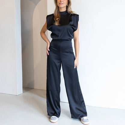 Dames Satijnlook Mouwloze Jumpsuit met Wijde Pijpen